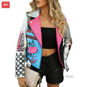 Faux Leather Moto Jacket Studded Floral Biker Coat Women's Size